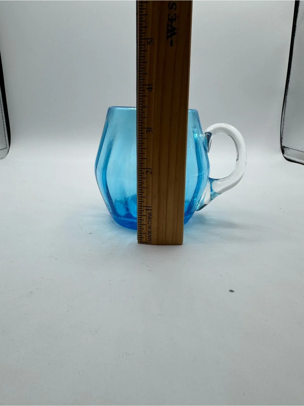 Vintage Hand Blown Optic Blue Art Glass Mug With Clear Handle